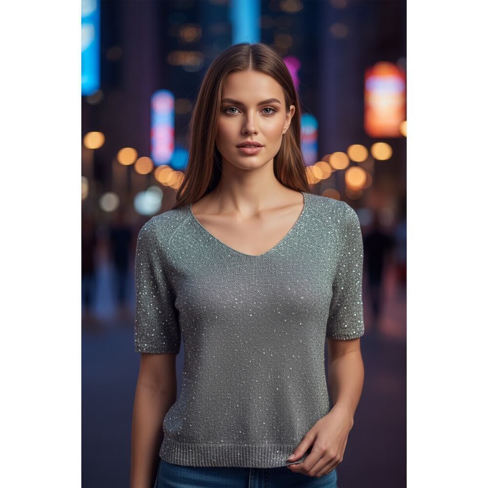 Philosophy Republic Clothing Sequin Knit Top – Silver Gray Shimmer Sweater Size